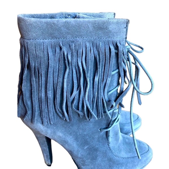 Dove Gray Suede Fringe Lace Up Ankle Stiletto Boots Trendy Western Cowgirl - Picture 5 of 5